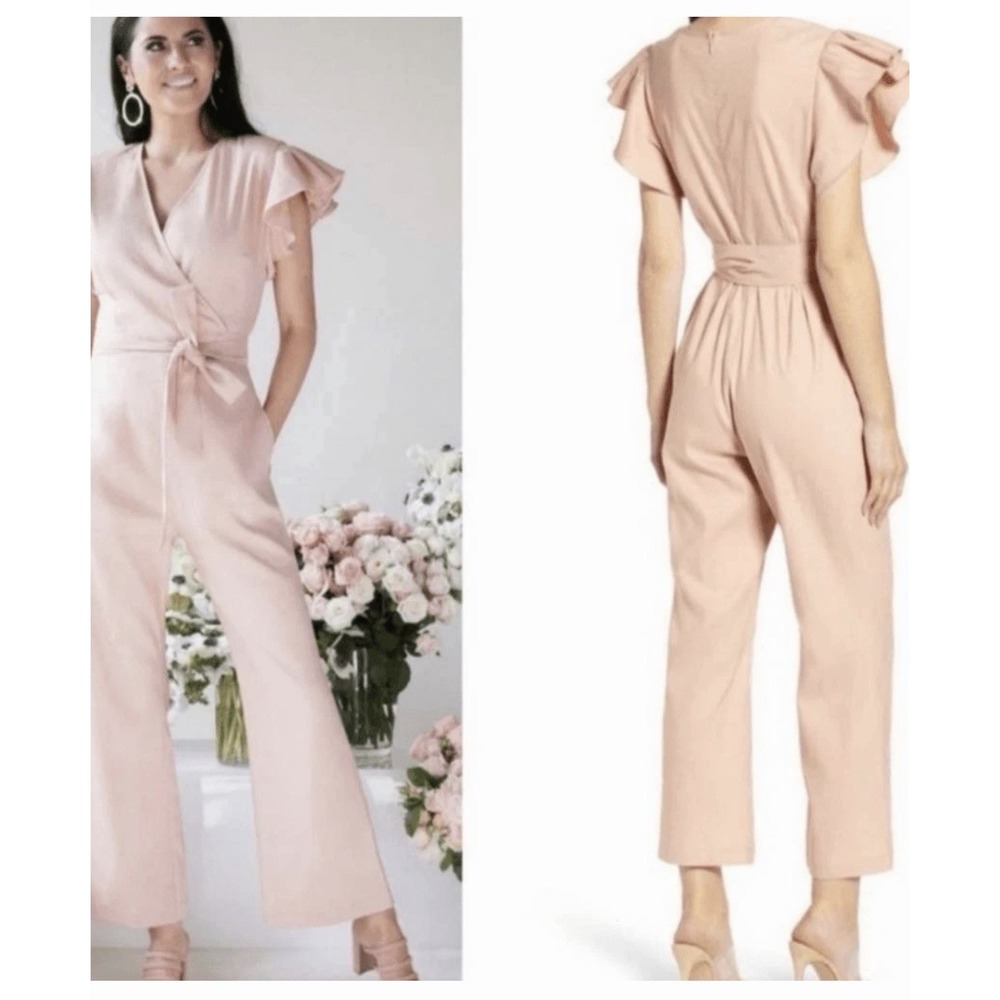 RACHEL PARCEL Light Blush Jumpsuit Ruffled Short Sleeves Belted Wide Leg sz XS